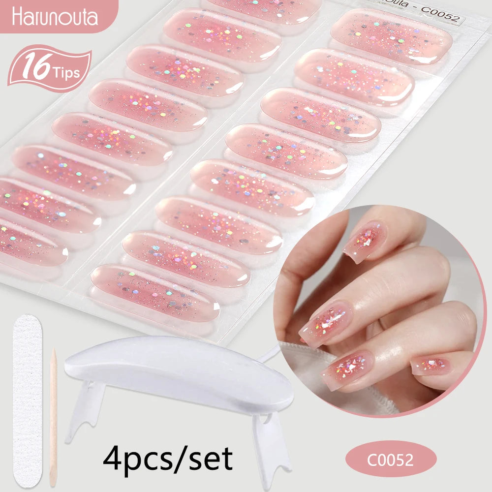 4Pcs/Set Semi Cured Gel Nail Strip with Nail Lamp Sparkly Shinning Gel Nail Polish Nail Stickers Kits Manicure Art