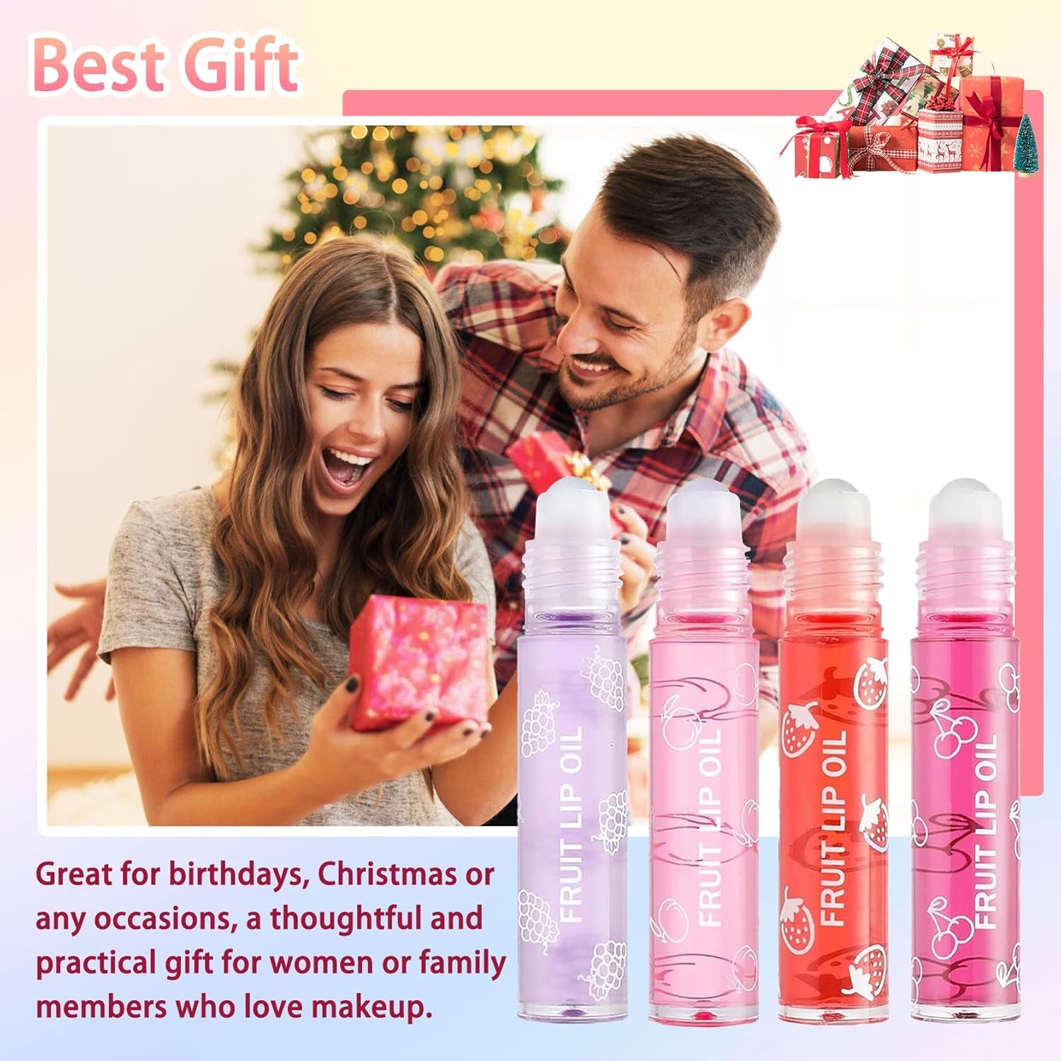 4-Piece Lip Oil Set: Moisturizing Transparent Gloss with Fruit Flavors, Hydrating Roll-On Plumping Gloss, Long-Lasting Non-Sticky Shine - Perfect Makeup Gift Kit
