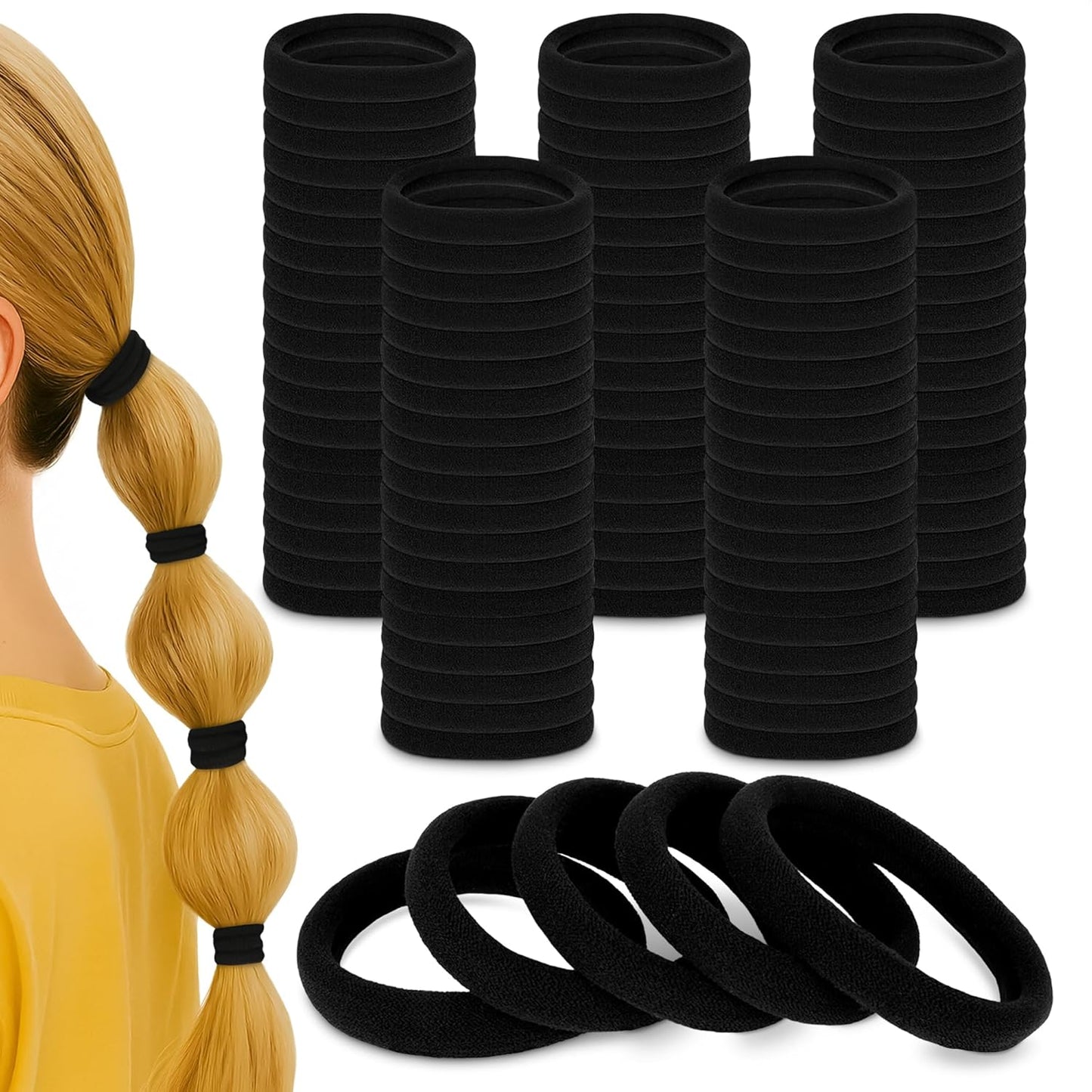 Bulk Pack of 100 Soft Black Seamless Cotton Hair Ties - 1.9" Elastic Ponytail Holders, Gentle and Breathable with No Damage, Exceptional Elasticity and Strength for Reliable Hold