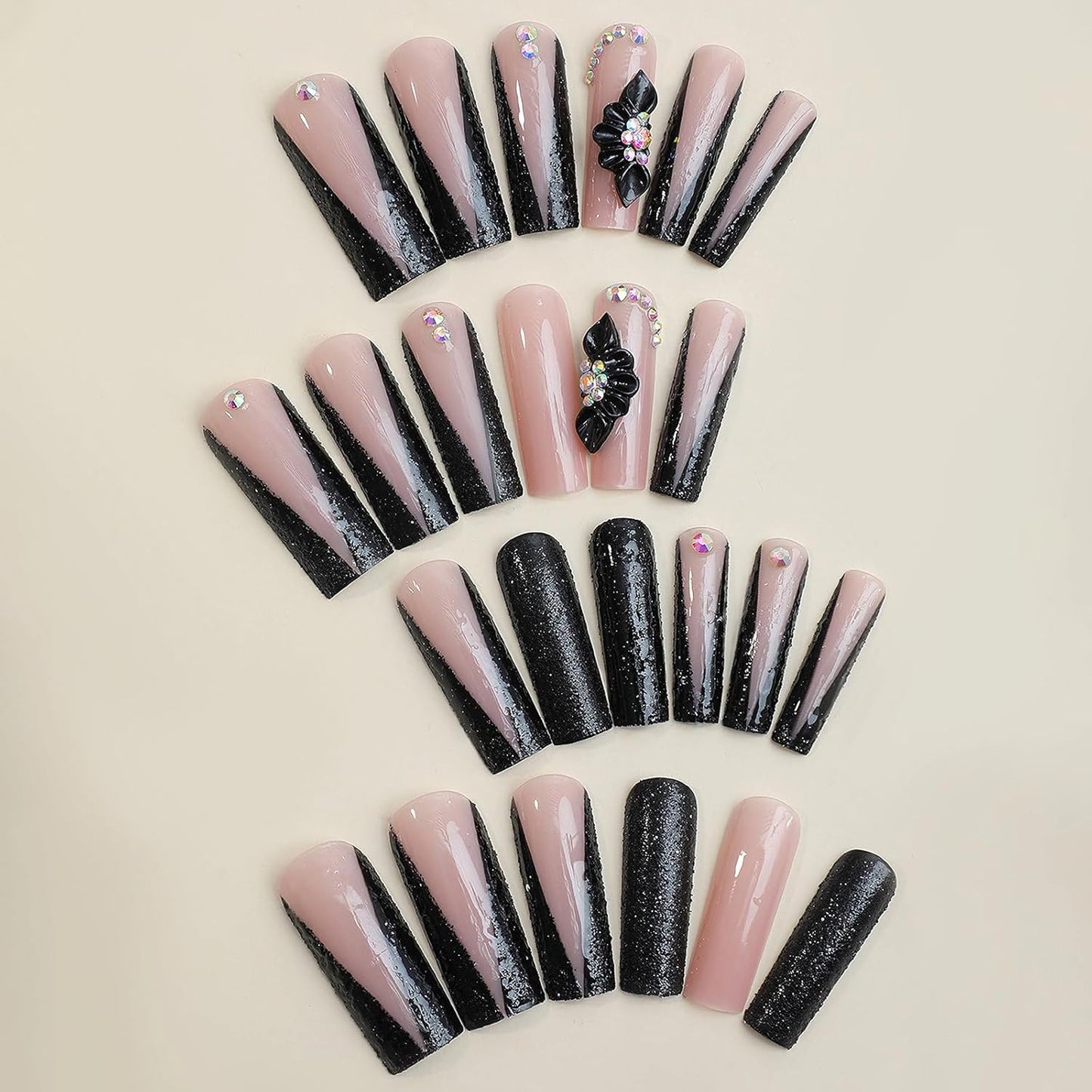 Long Square Press-On Nails with Black French Tip and Acrylic Flower Rhinestone Design - 24 Pieces