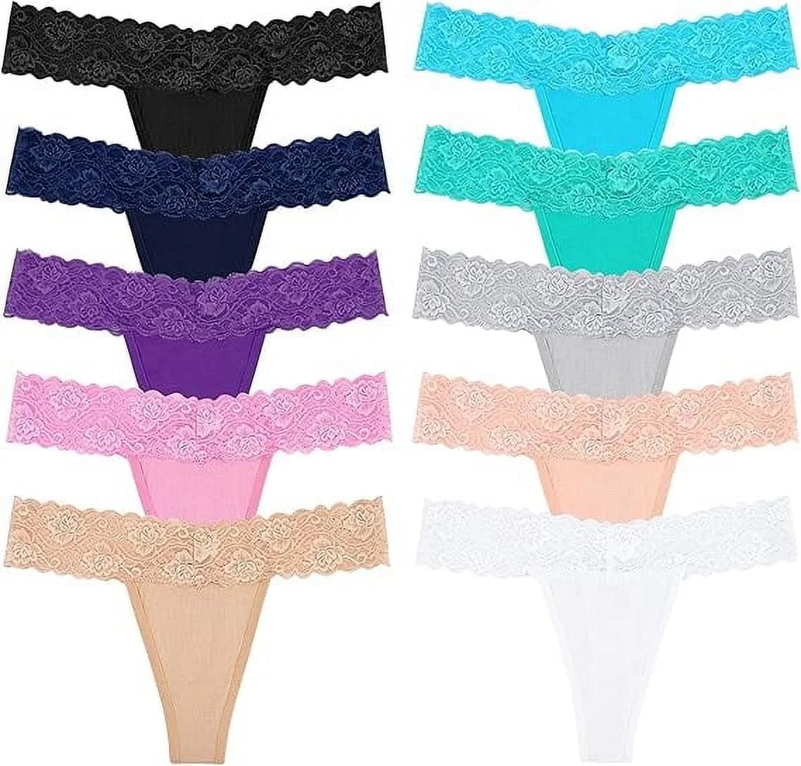 Women's Lace Thong Underwear - Cotton Cheeky T-Back Panties, 10 Pack
