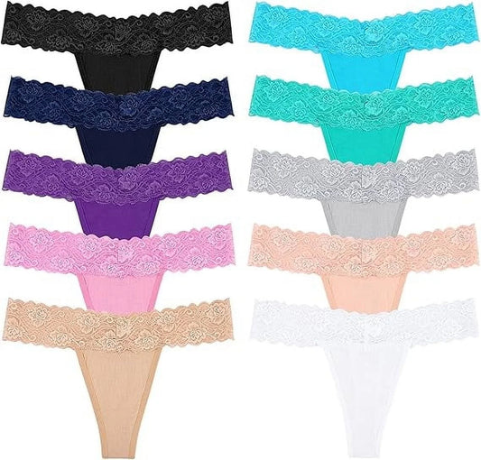 Women's Lace Thong Underwear - Cotton Cheeky T-Back Panties, 10 Pack