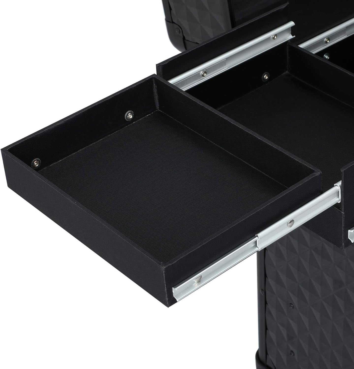 Professional Rolling Makeup Train Case - Aluminum Cosmetic Trolley with Wheels, Lockable Design, Sliding Drawers, and Removable Divider in Black/Red