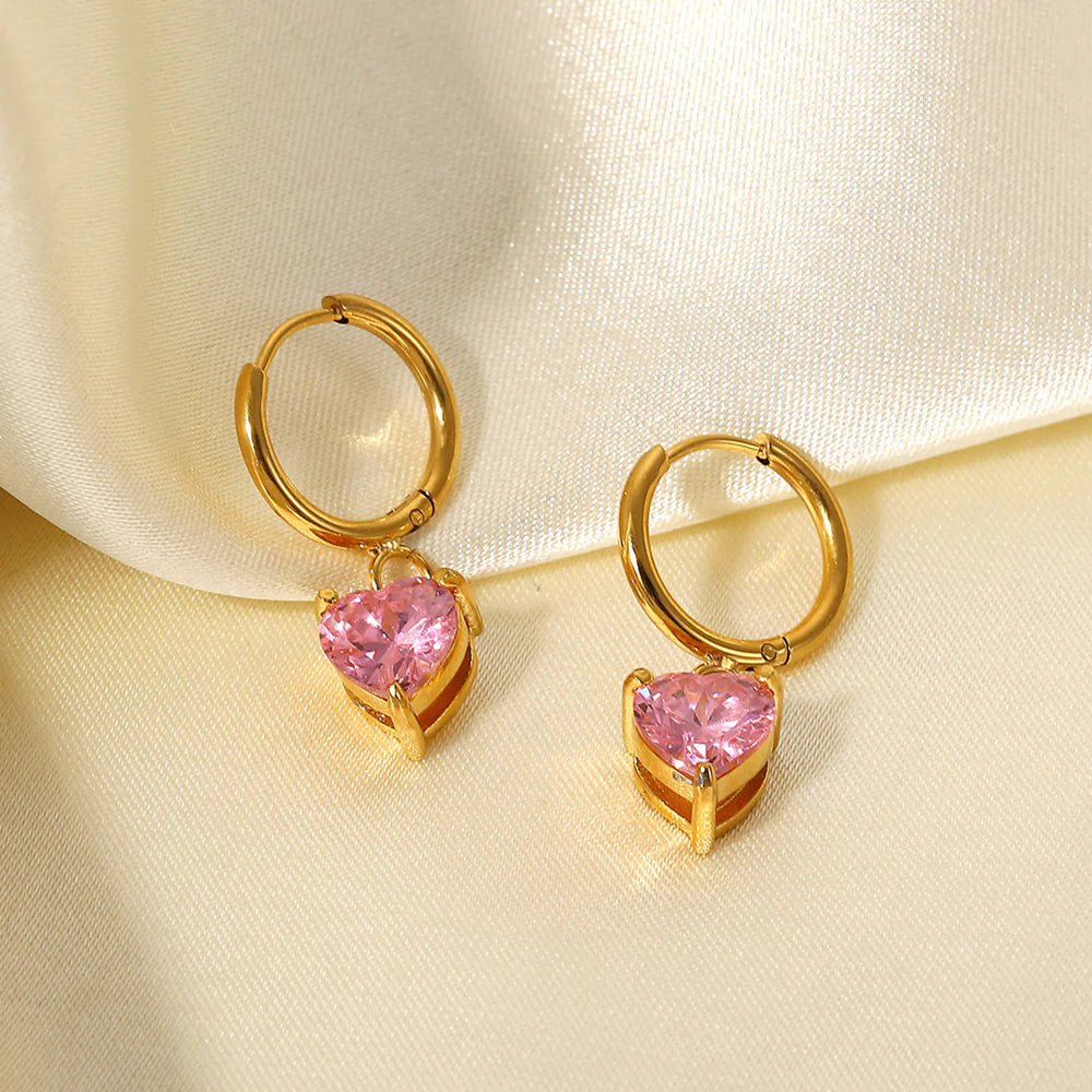Pink Heart Cubic Zirconia Huggie Hoop Earrings - 18K Gold Plated