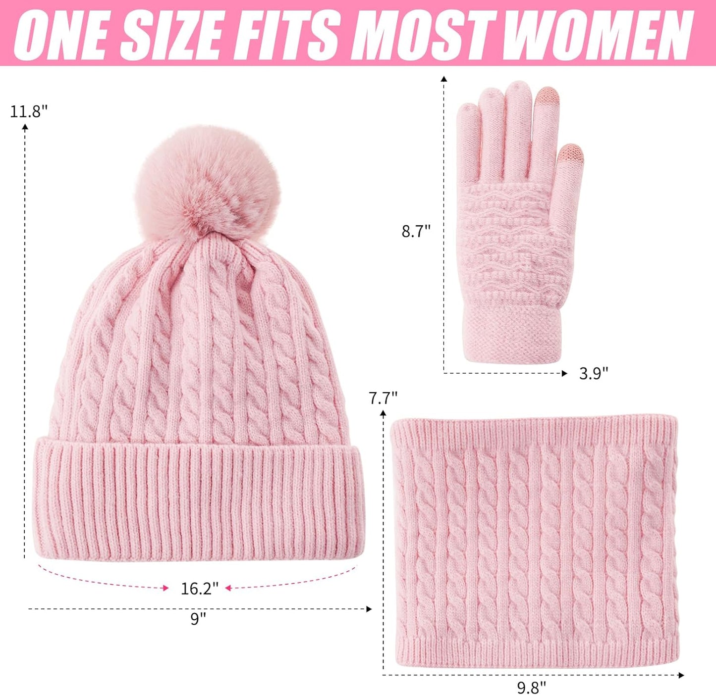 3-Piece Women's Winter Beanie, Scarf, and Touchscreen Gloves Set - Classic Knit Fleece-Lined Cable Cap