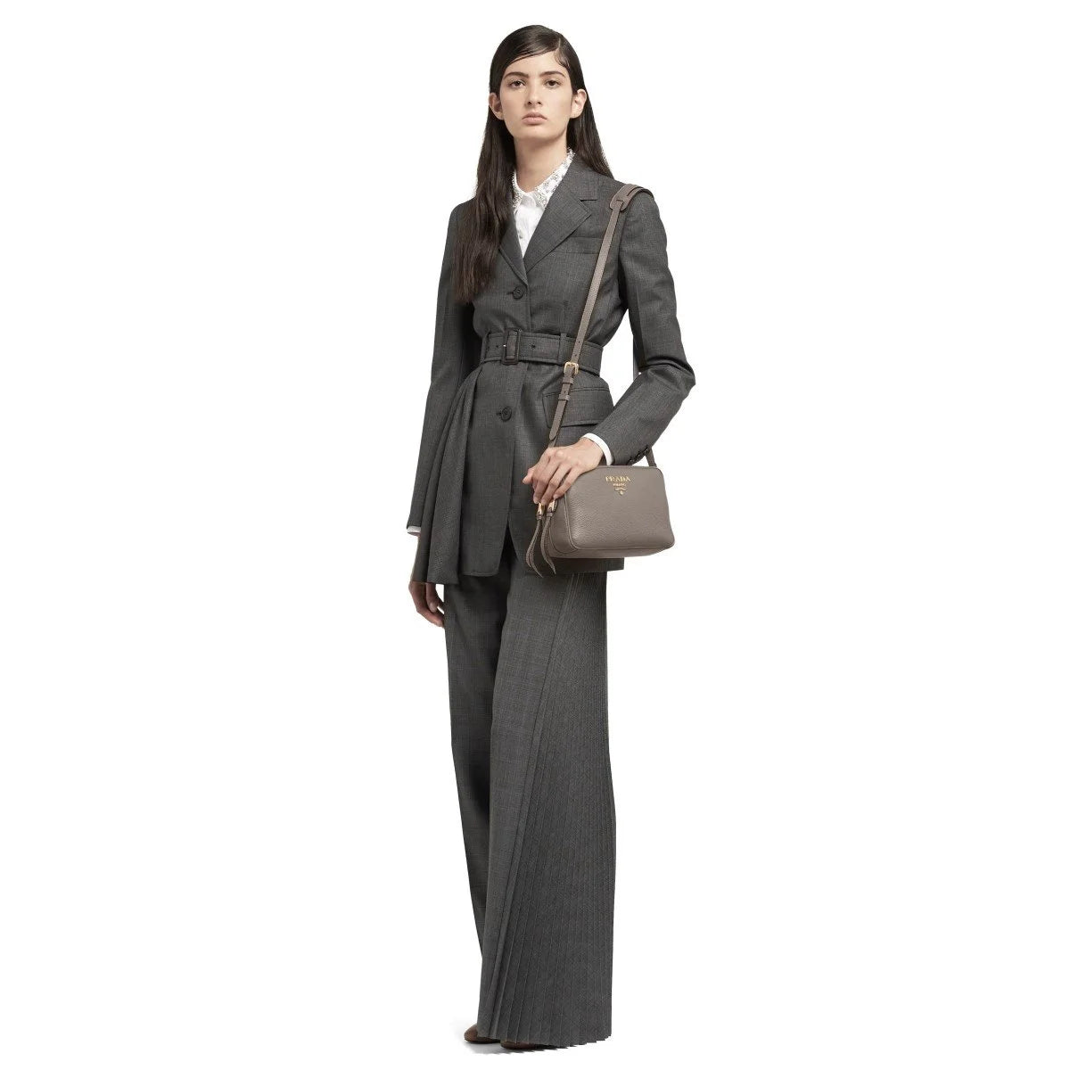 Argilla Grey Vitello Phenix Leather Double Zip Crossbody Bag 1BH079