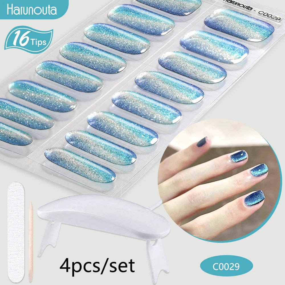4Pcs/Set Semi Cured Gel Nail Strip with Nail Lamp Sparkly Shinning Gel Nail Polish Nail Stickers Kits Manicure Art