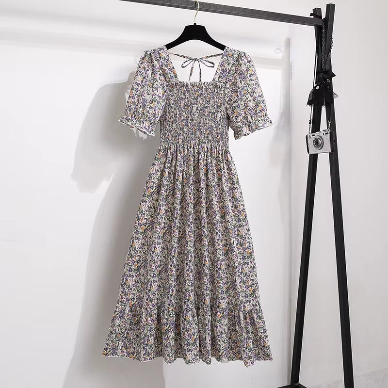 Spring Summer Chiffon Dresses Fashion Female Elastic Waist Short Sleeve Pleated Casual Dress Women A-Line Dresses Vestidos