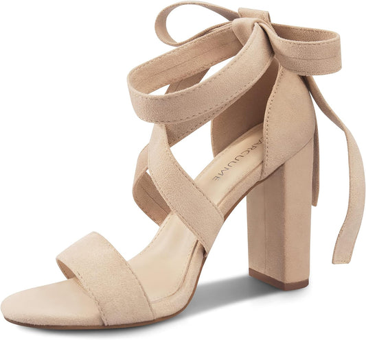 Women’s Chunky Heeled Strappy Sandals with Lace-Up Design in Nude