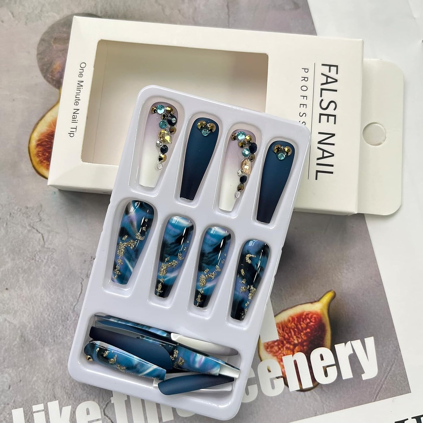 French Marble Coffin-Shaped Fake Nails with Glitter Rhinestones - 24 Piece Matte Adhesive Set for Women