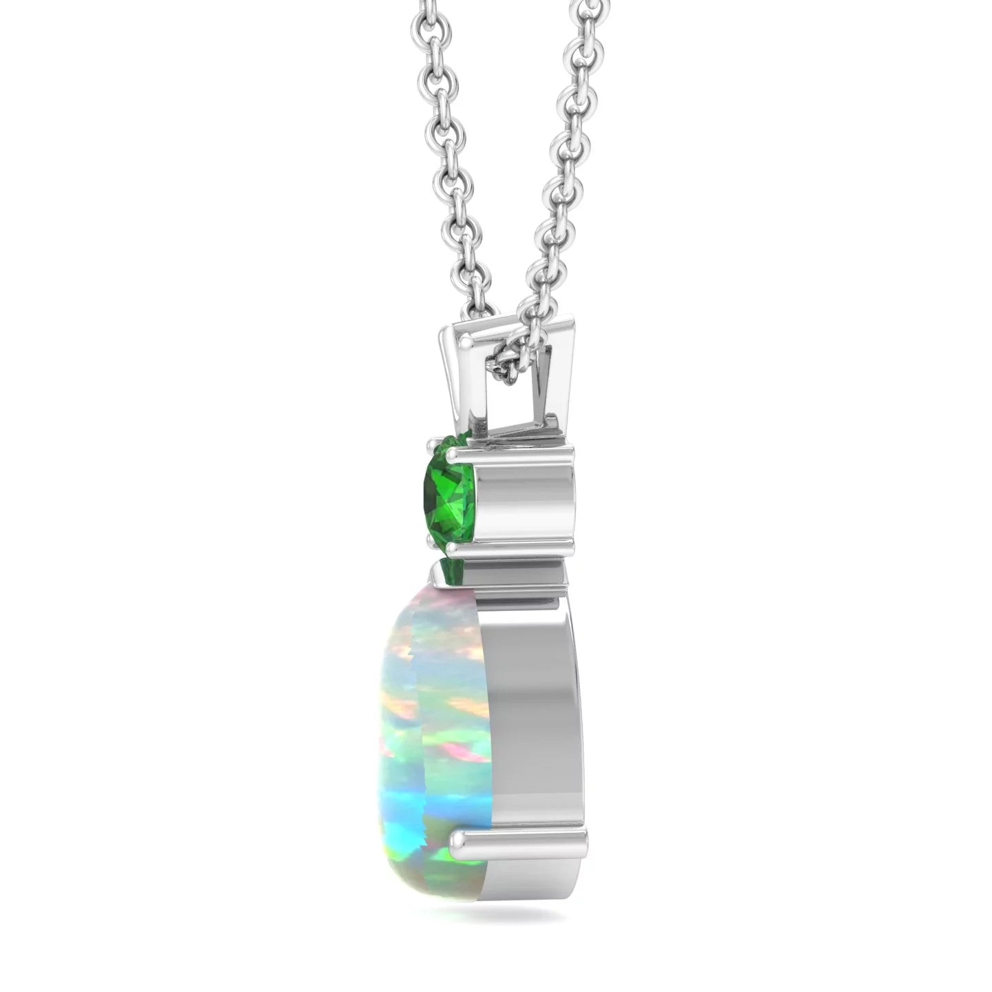 Women's Jewelry Set: Natural Pear-Shaped Opal Pendant Necklace with Created Emerald and Matching Pear-Shaped Opal and Emerald Stud Earrings