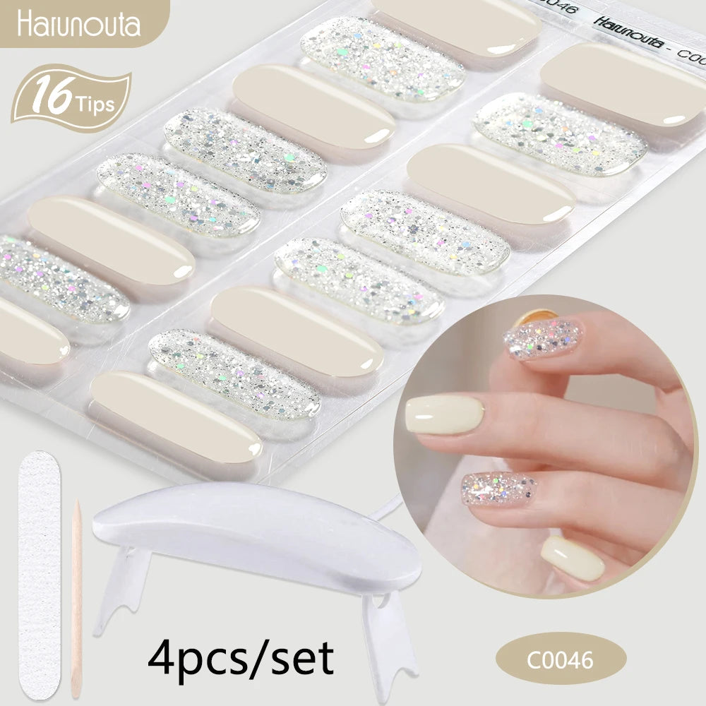 4Pcs/Set Semi Cured Gel Nail Strip with Nail Lamp Sparkly Shinning Gel Nail Polish Nail Stickers Kits Manicure Art