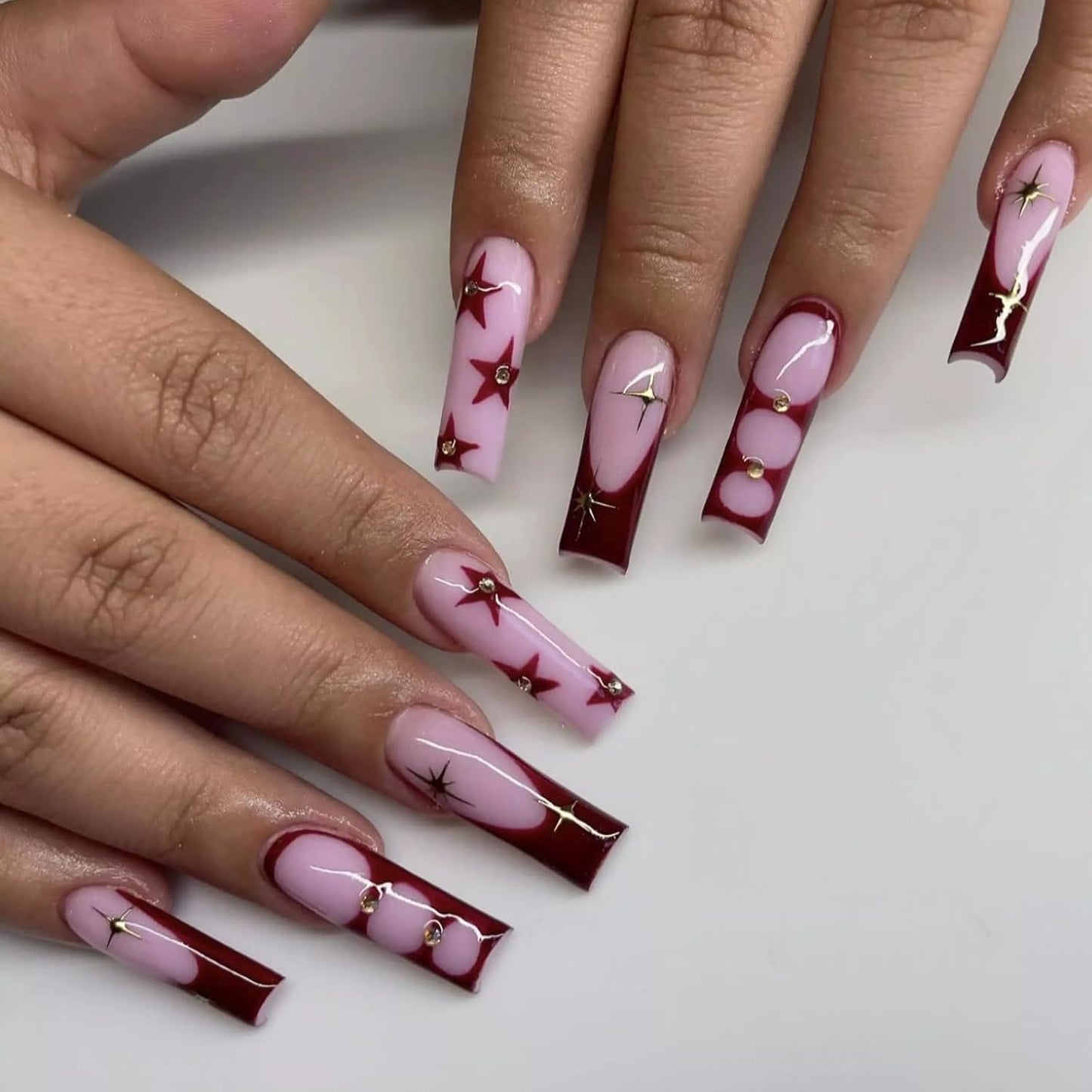 Long Square Press-On Nails with Black French Tip and Acrylic Flower Rhinestone Design - 24 Pieces