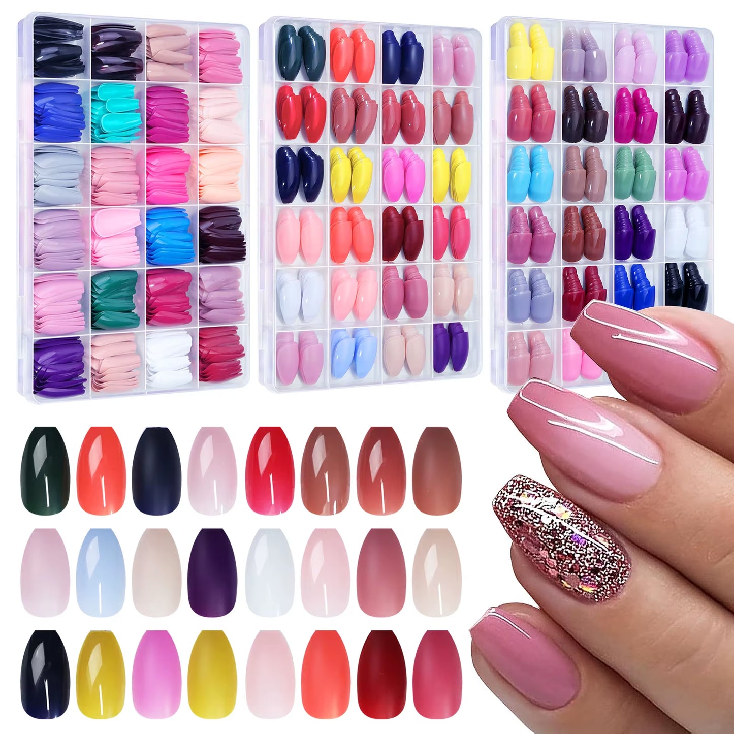 96Pcs/Box Matte Coffin Press on Nail Full Cover False Nails Mixed Size Solid Color Extension Oval Capsule Almond DIY Accessorie