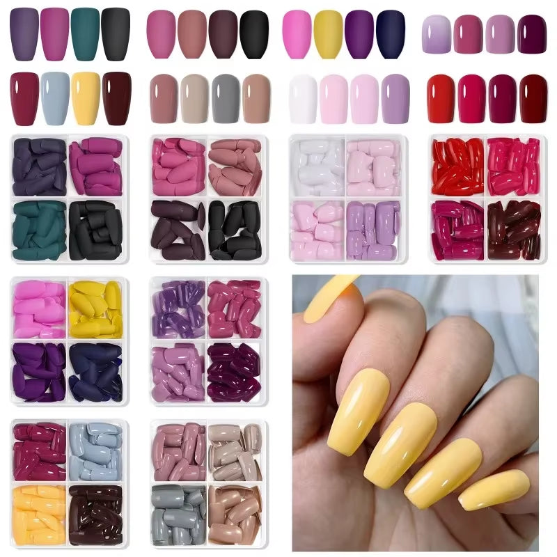 96Pcs/Box Matte Coffin Press on Nail Full Cover False Nails Mixed Size Solid Color Extension Oval Capsule Almond DIY Accessorie