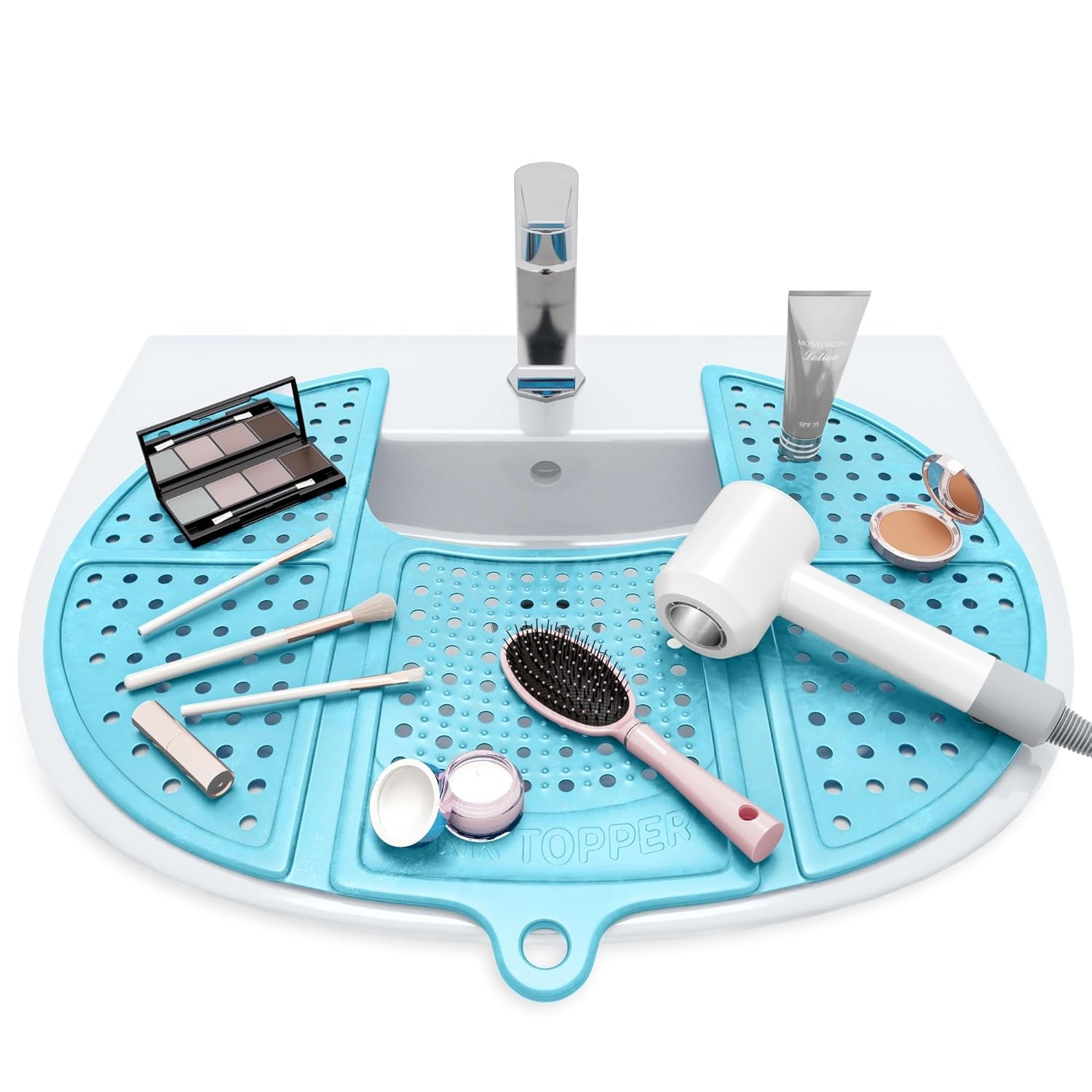 Bathroom Sink Cover for Enhanced Counter Space and Storage | Essential RV Accessory | Silicone Foldable Makeup Brush Cleaning Mat | Hot Tools Organizer | Standard Size, Pacific Blue
