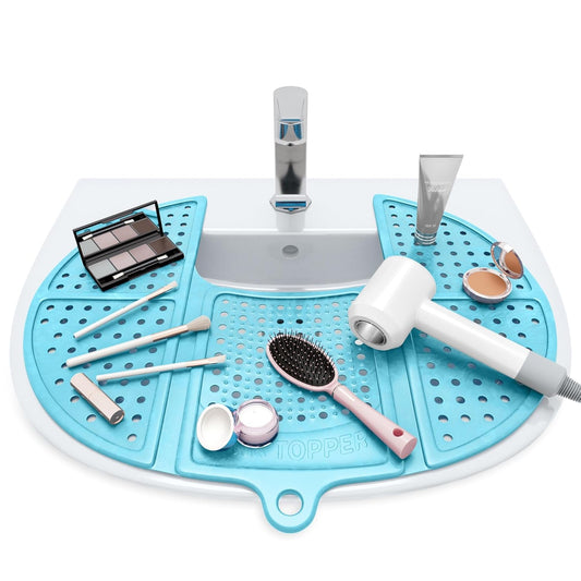Bathroom Sink Cover for Enhanced Counter Space and Storage | Essential RV Accessory | Silicone Foldable Makeup Brush Cleaning Mat | Hot Tools Organizer | Standard Size, Pacific Blue