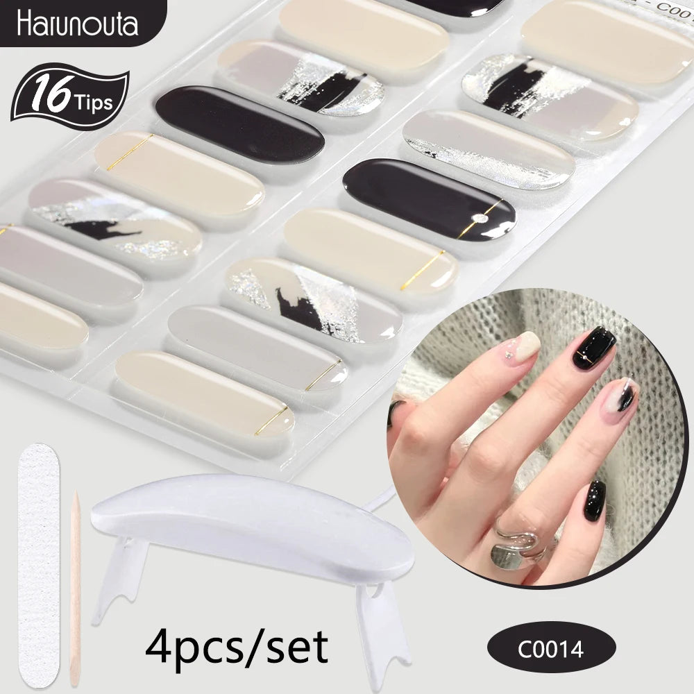 4Pcs/Set Semi Cured Gel Nail Strip with Nail Lamp Sparkly Shinning Gel Nail Polish Nail Stickers Kits Manicure Art