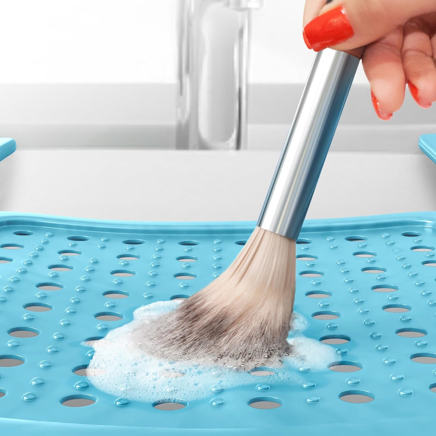 Bathroom Sink Cover for Enhanced Counter Space and Storage | Essential RV Accessory | Silicone Foldable Makeup Brush Cleaning Mat | Hot Tools Organizer | Standard Size, Pacific Blue