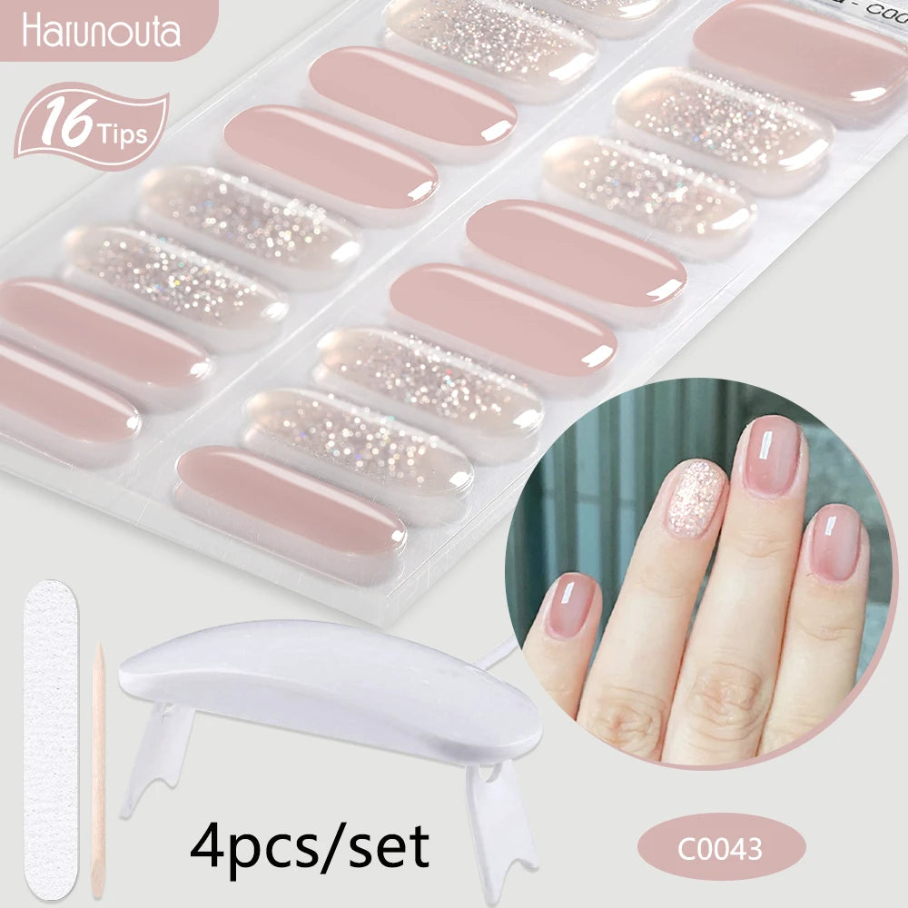 4Pcs/Set Semi Cured Gel Nail Strip with Nail Lamp Sparkly Shinning Gel Nail Polish Nail Stickers Kits Manicure Art