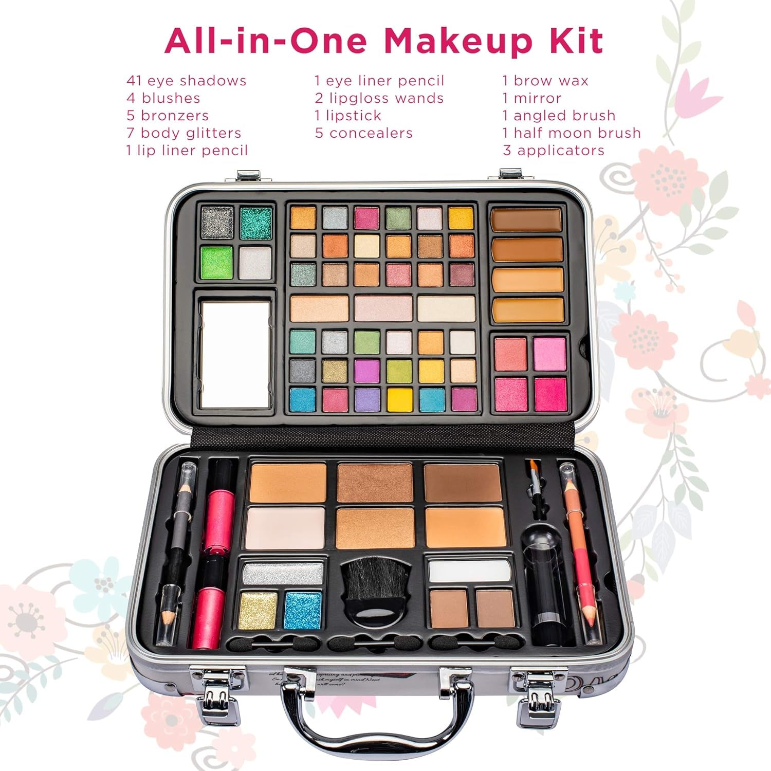 Professional Makeup Gift Set - 41 Eyeshadows, 7 Body Glitters, Lip Liner Pencil, Lipstick, 4 Blushes, Eyeliner Pencil, 5 Concealers, 2 Lip Glosses, 5 Bronzers, and Mirror
