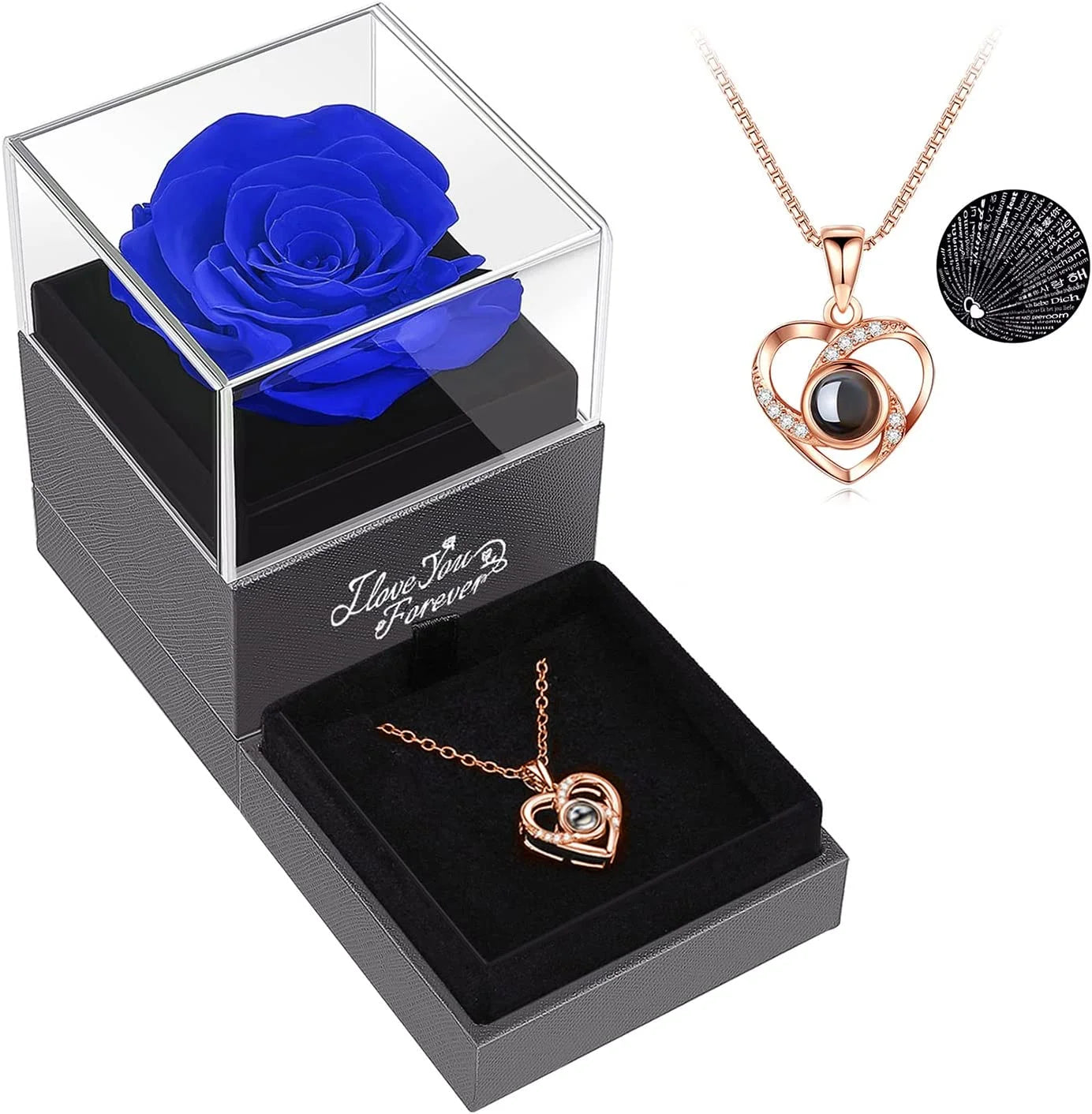 Eternal Preserved Red Rose with "I Love You" Necklace in 100 Languages - Timeless Floral Gift for Mother's Day, Birthdays, Anniversaries, and Romantic Occasions