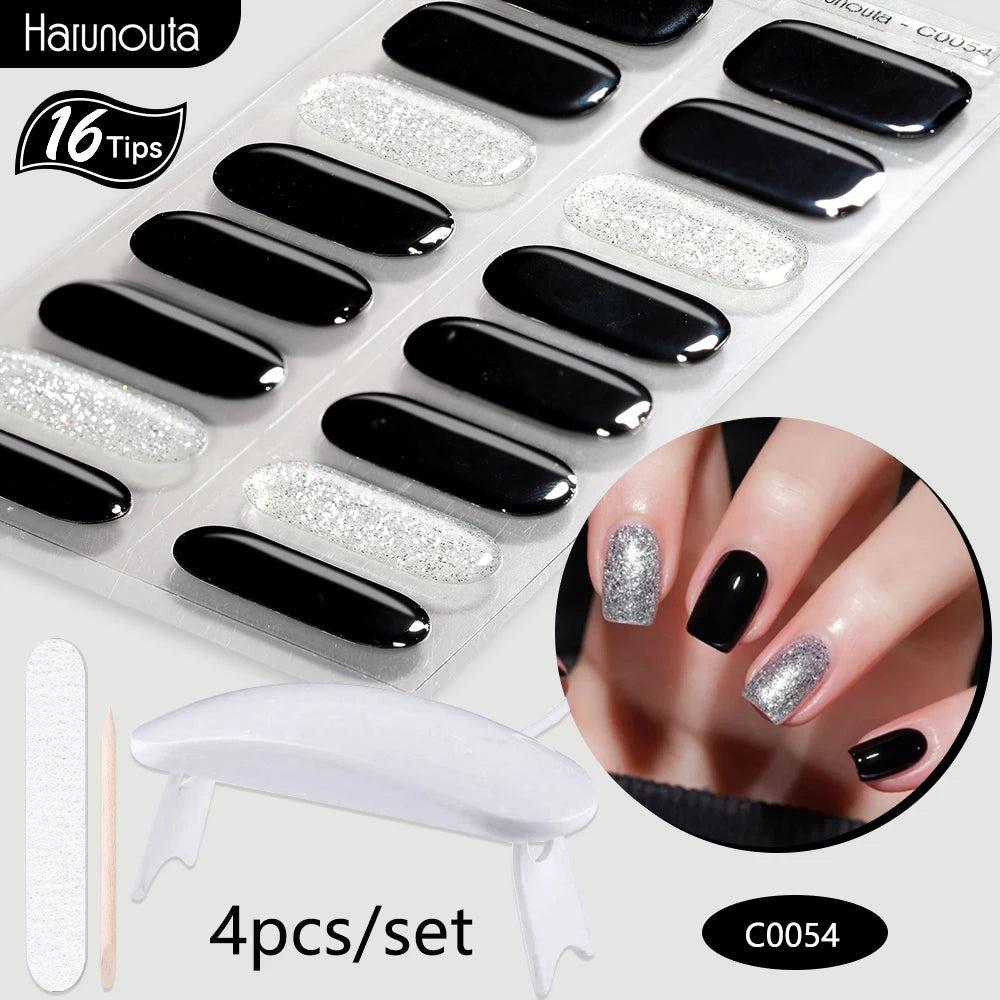 4Pcs/Set Semi Cured Gel Nail Strip with Nail Lamp Sparkly Shinning Gel Nail Polish Nail Stickers Kits Manicure Art