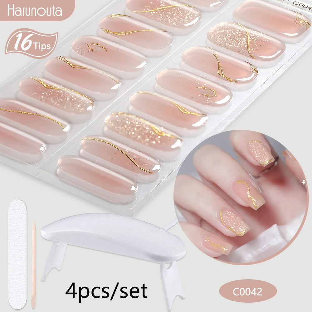4Pcs/Set Semi Cured Gel Nail Strip with Nail Lamp Sparkly Shinning Gel Nail Polish Nail Stickers Kits Manicure Art