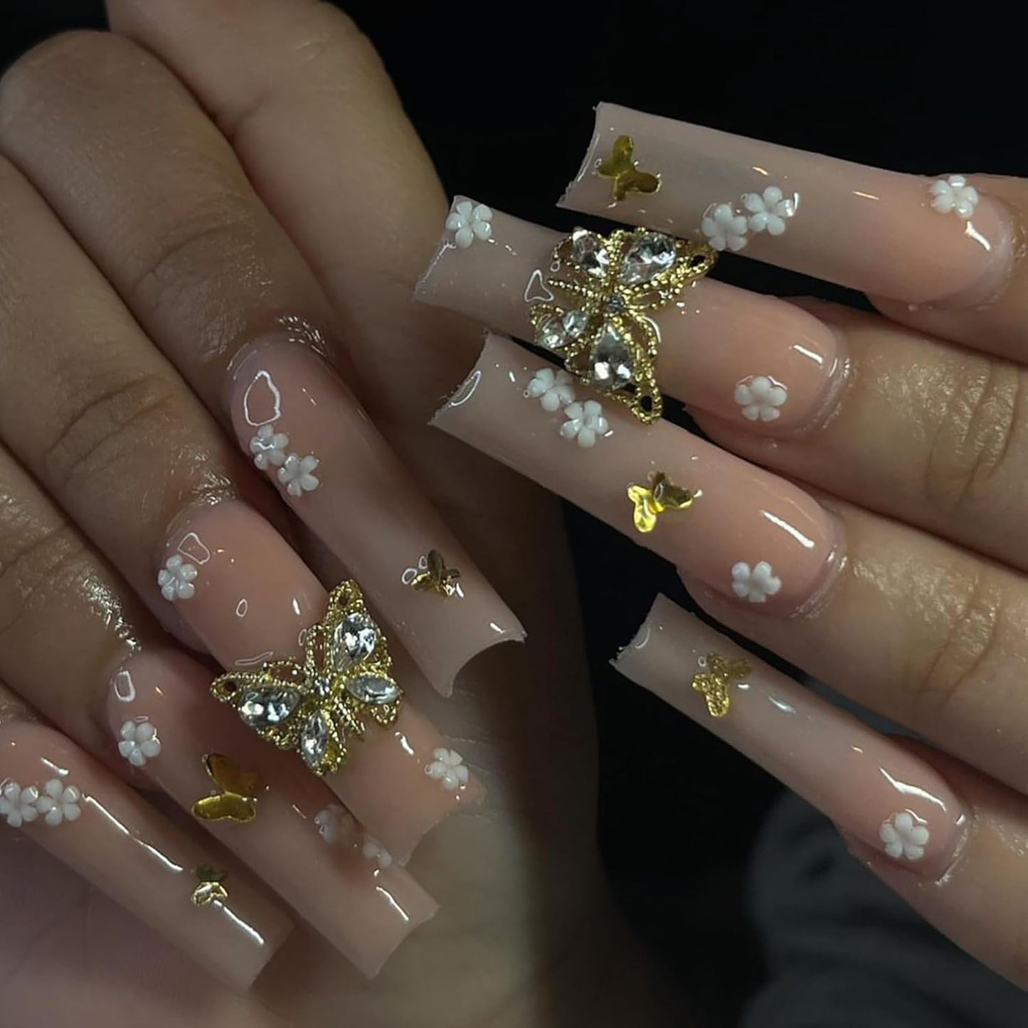 French Marble Coffin-Shaped Fake Nails with Glitter Rhinestones - 24 Piece Matte Adhesive Set for Women