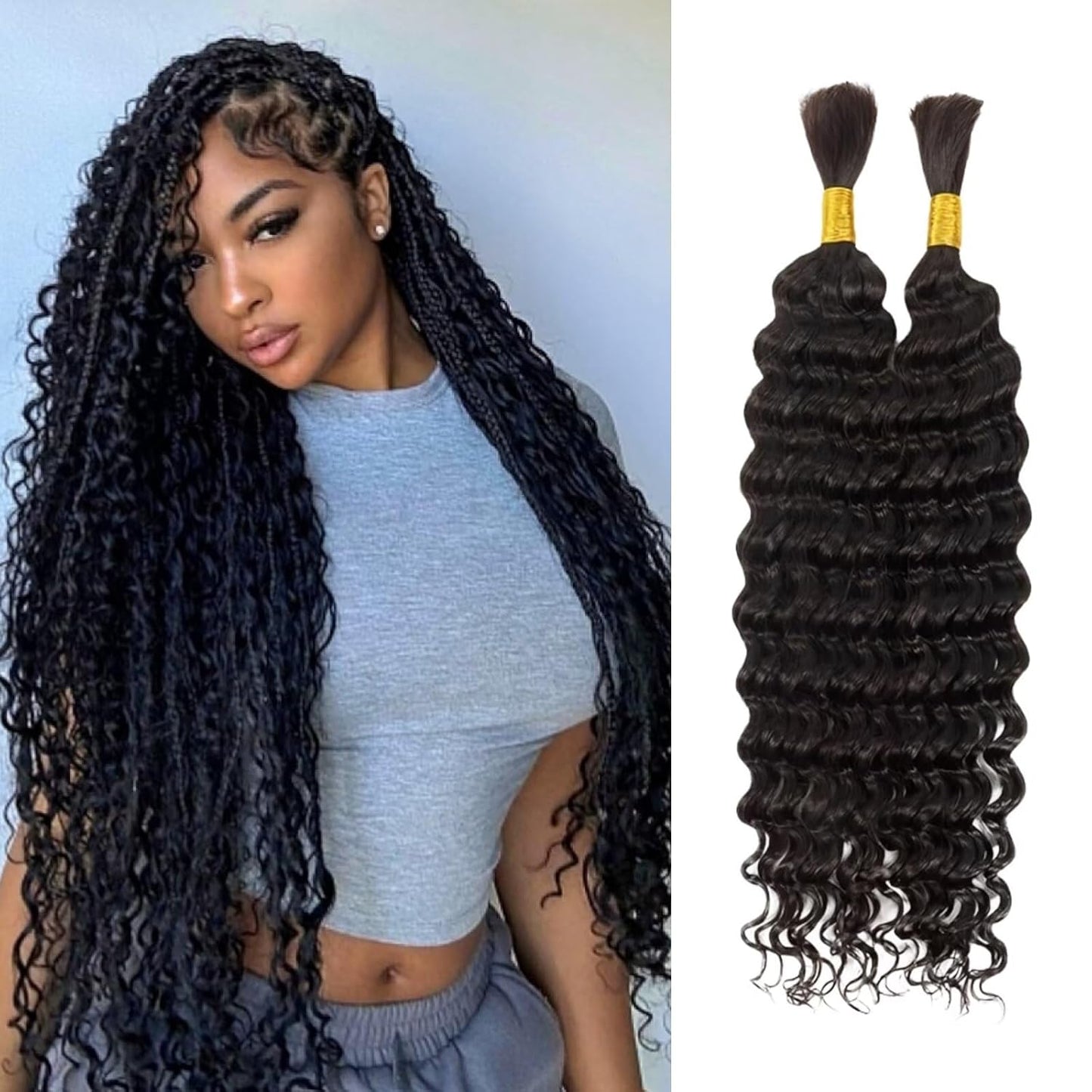 Human Braiding Hair 100G 24 Inch Bulk Deep Wave Human Hair for Braiding Boho Braids Human Hair for Bohemian Knotless Braids Micro Braiding Hair No Weft Human Hair Extensions Natural Black#