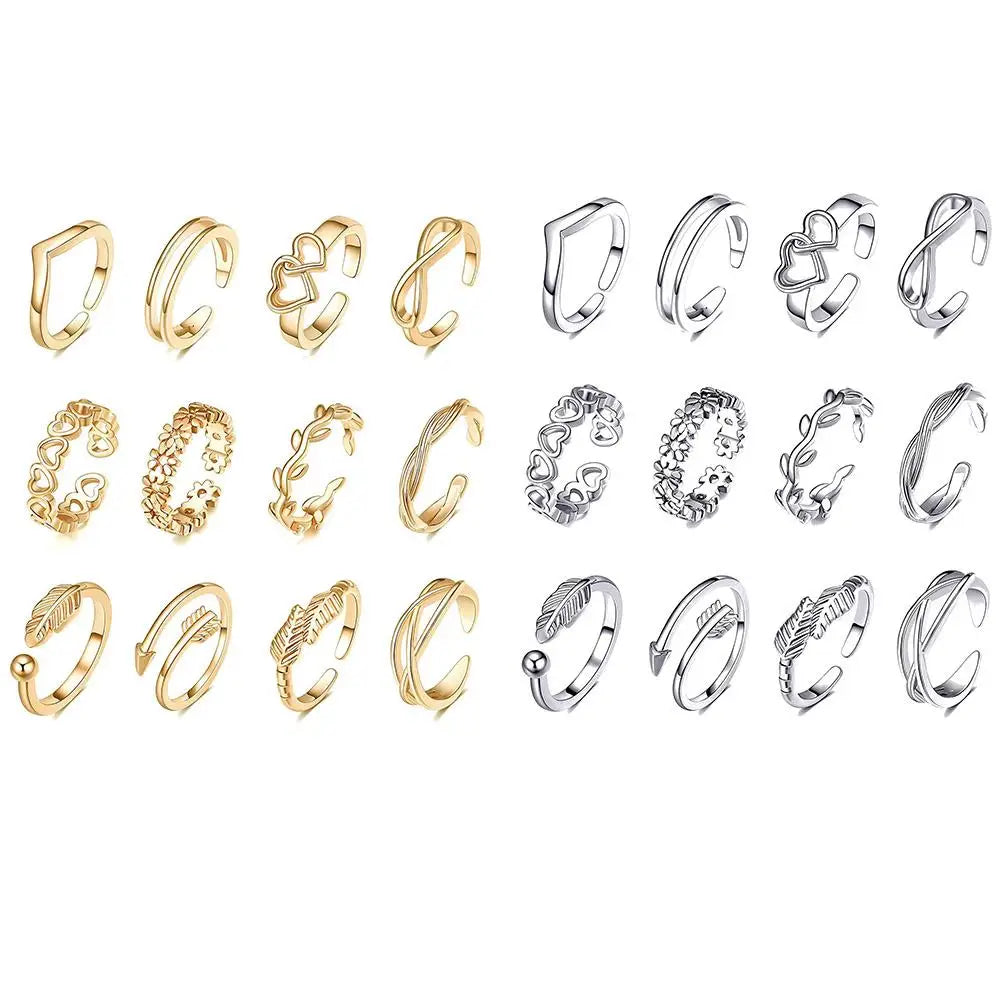 12-Piece Set of Geometric Open Toe Rings for Summer Fashion - Stylish Heart and Feather Designs for Beachwear