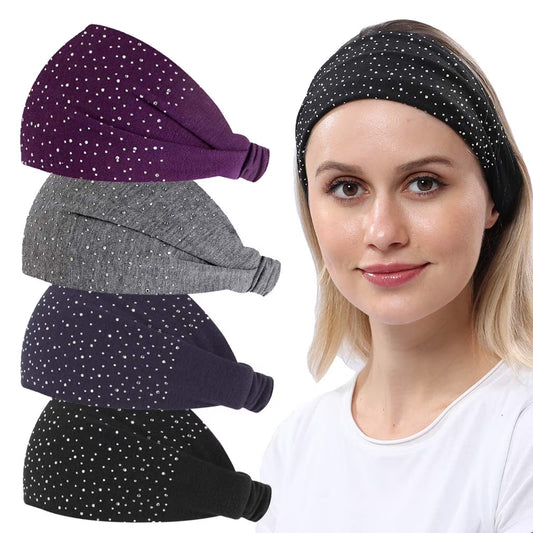 4-Pack Women's Yoga Headbands - Elastic Wide Turban Hair Wraps with Rhinestone Accents for Women and Teens, Trendy Workout Hair Accessories (2020 Diamond Design)