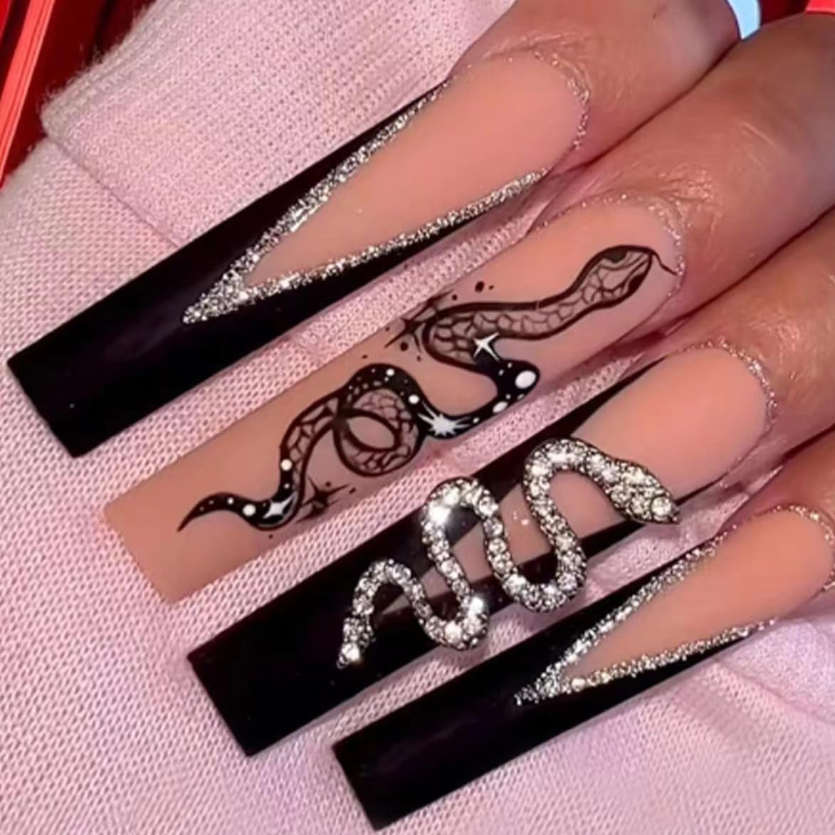 Press on Nails Long Square Fake Nails Silver French False Tip with Rhinestones Charms Design Glue on Nails 3D Heart Stick on Nails Elegant Glitter Glossy Acrylic Nails for Women Manicure 24Pcs