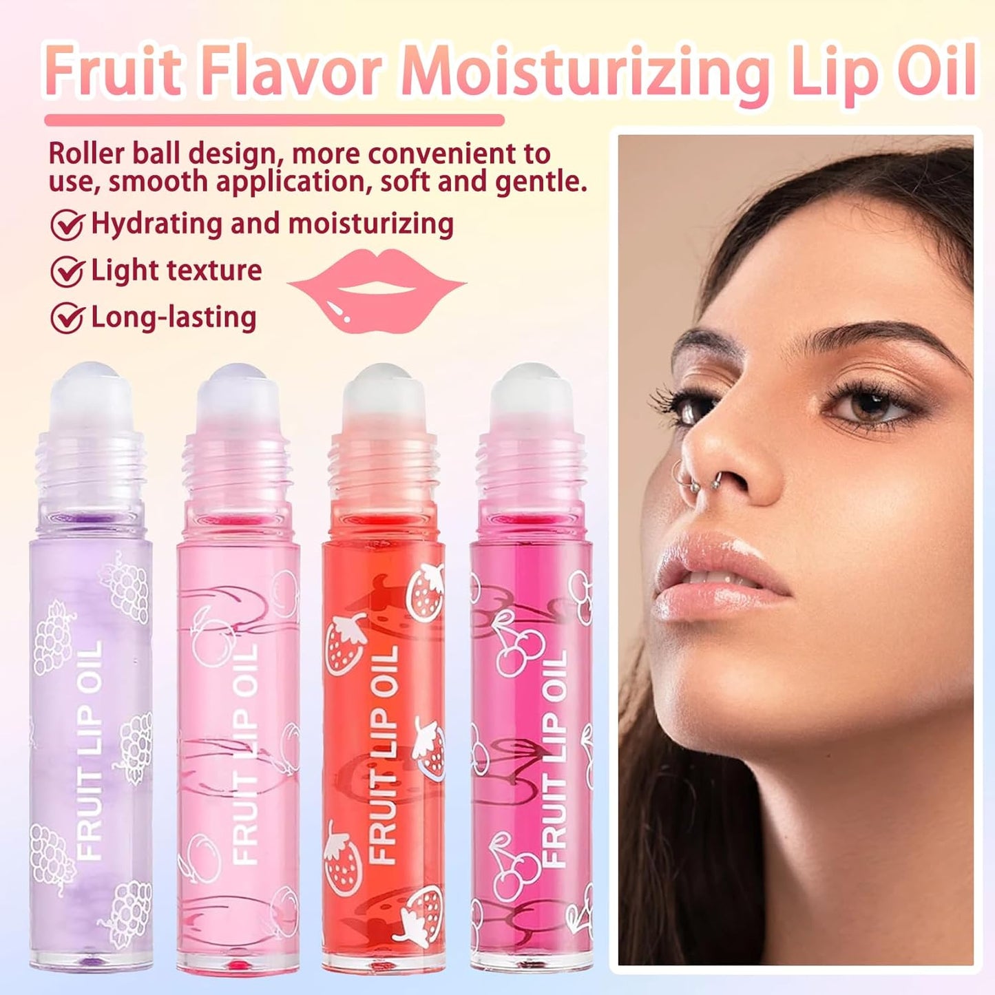 4-Piece Lip Oil Set: Moisturizing Transparent Gloss with Fruit Flavors, Hydrating Roll-On Plumping Gloss, Long-Lasting Non-Sticky Shine - Perfect Makeup Gift Kit