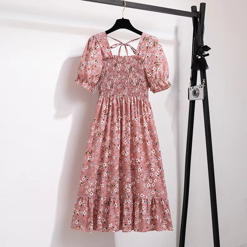 Spring Summer Chiffon Dresses Fashion Female Elastic Waist Short Sleeve Pleated Casual Dress Women A-Line Dresses Vestidos