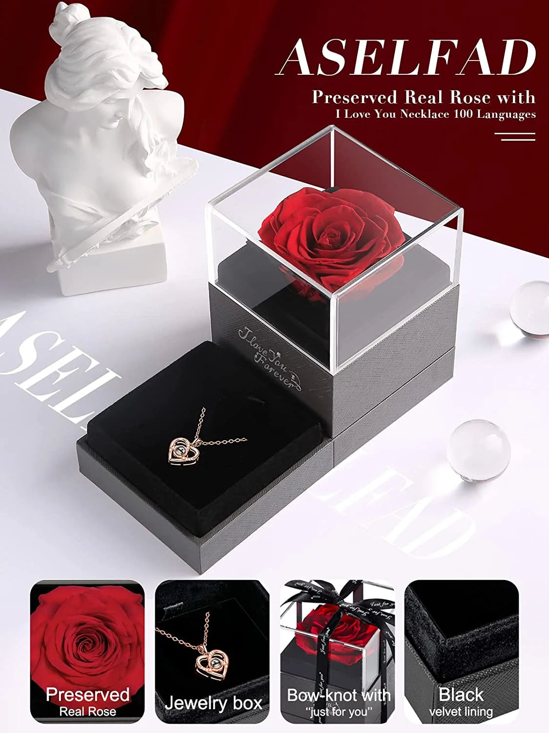 Eternal Preserved Red Rose with "I Love You" Necklace in 100 Languages - Timeless Floral Gift for Mother's Day, Birthdays, Anniversaries, and Romantic Occasions