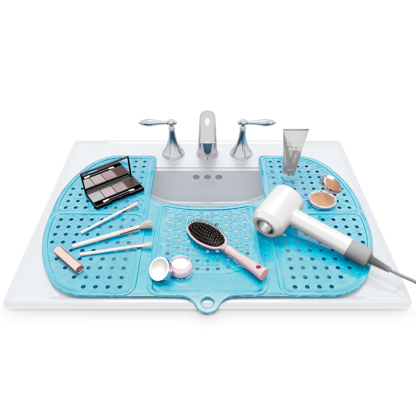 Bathroom Sink Cover for Enhanced Counter Space and Storage | Essential RV Accessory | Silicone Foldable Makeup Brush Cleaning Mat | Hot Tools Organizer | Standard Size, Pacific Blue