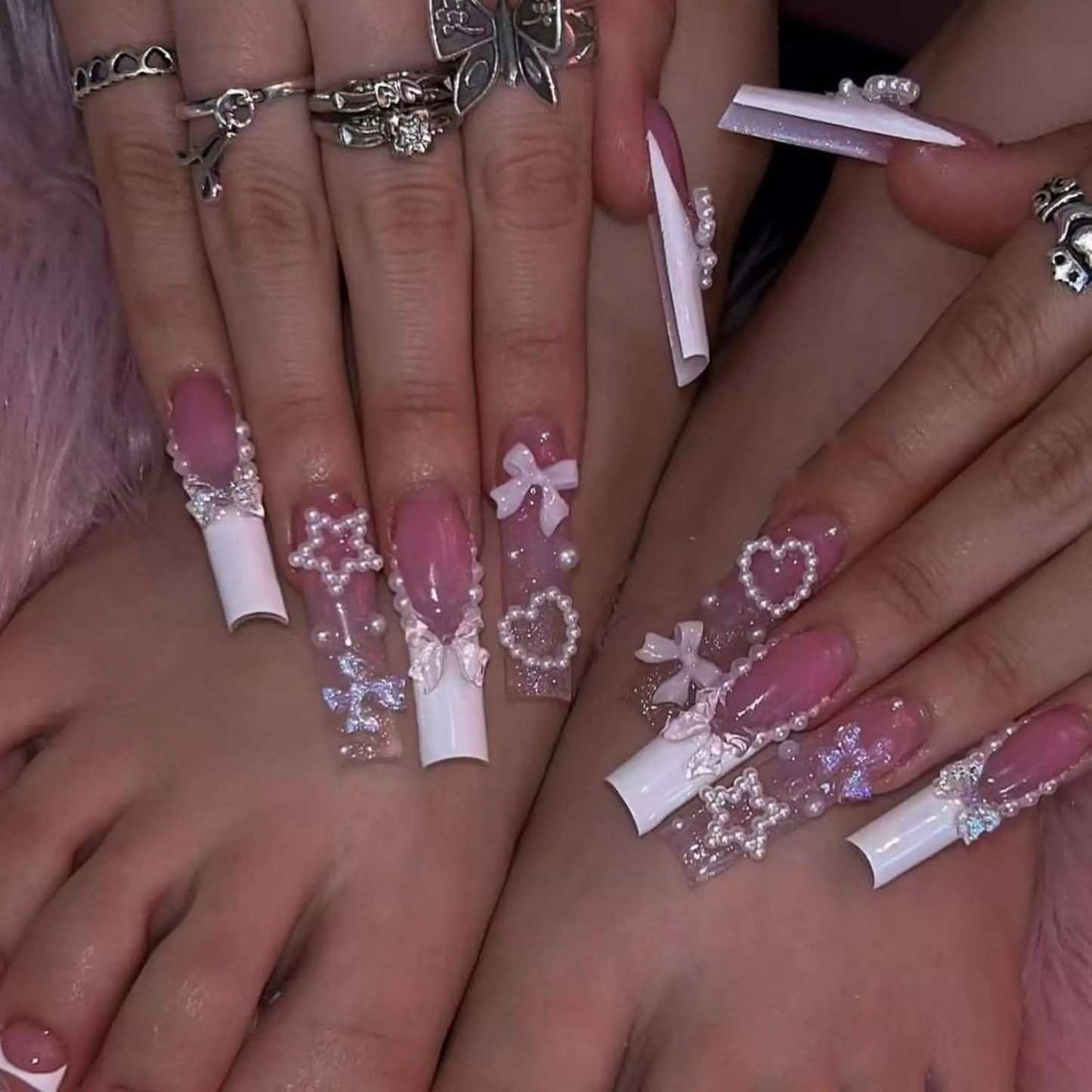 Long Square Press-On Nails with Black French Tip and Acrylic Flower Rhinestone Design - 24 Pieces