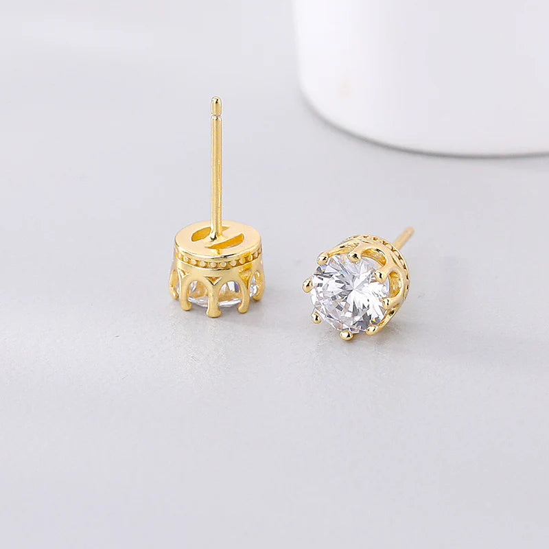 1 Karat Crown-Shaped Zircon Stud Earrings - Gold Plated