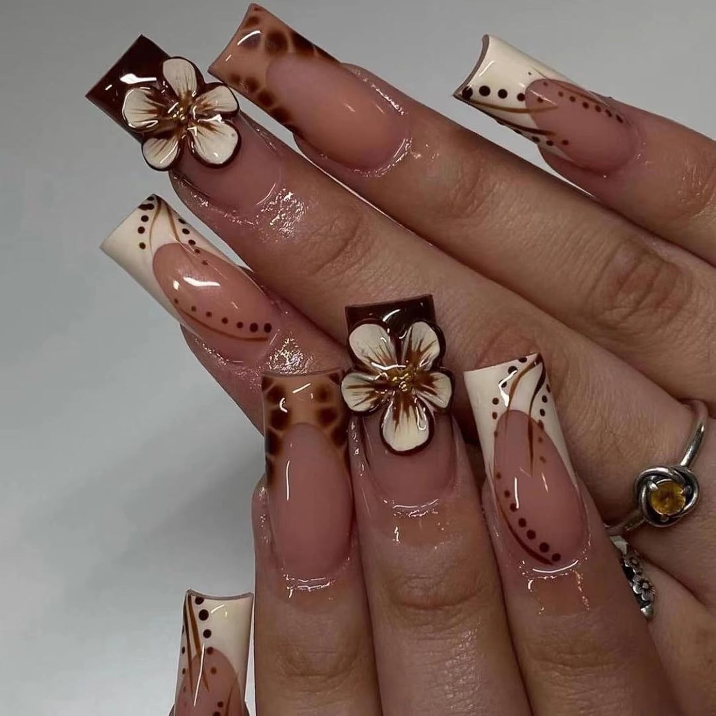 Long Square Press-On Nails with Black French Tip and Acrylic Flower Rhinestone Design - 24 Pieces