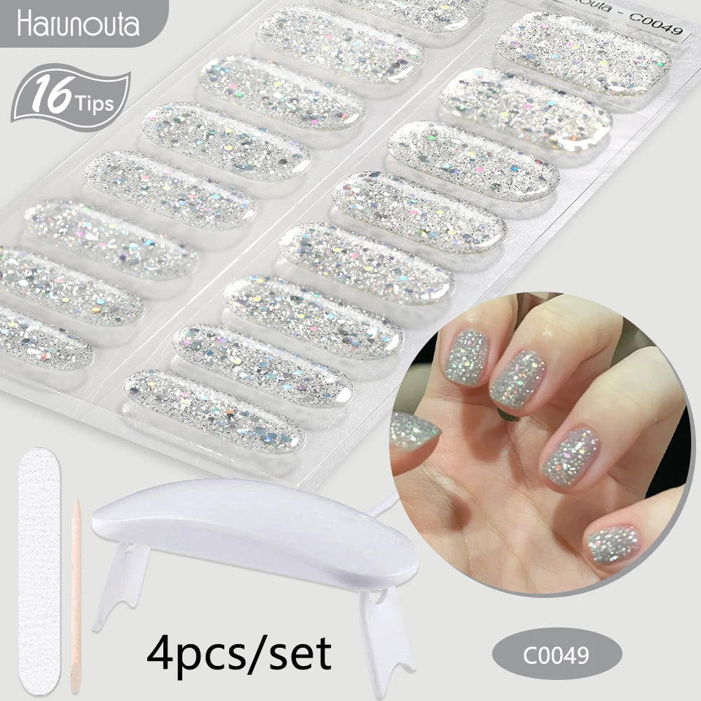 4Pcs/Set Semi Cured Gel Nail Strip with Nail Lamp Sparkly Shinning Gel Nail Polish Nail Stickers Kits Manicure Art