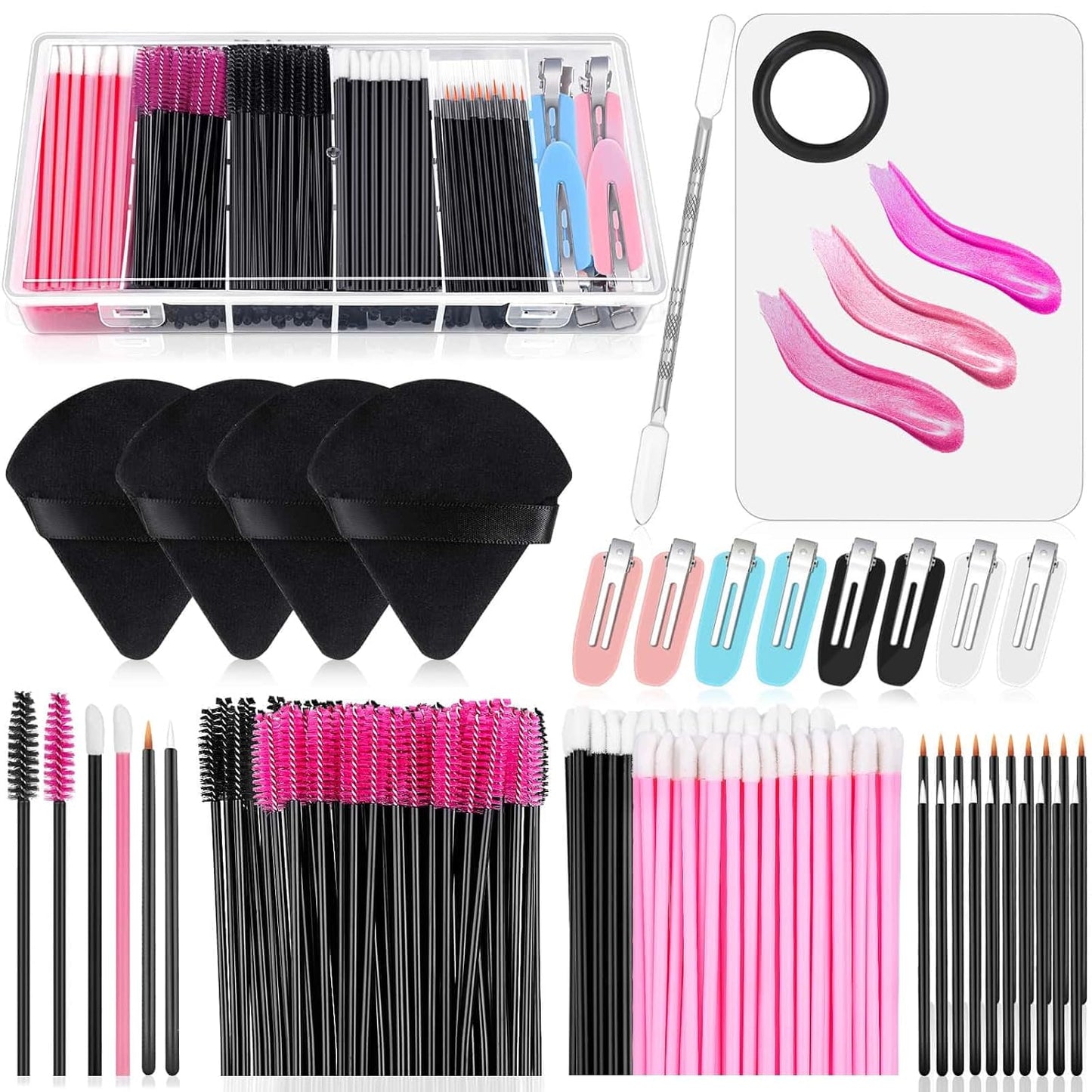 Disposable Makeup Applicators Kit with Triangle Puff Mixing Palette, Mascara Wands, Lip Brushes, Hair Clips, and Powder Puffs in Storage Box