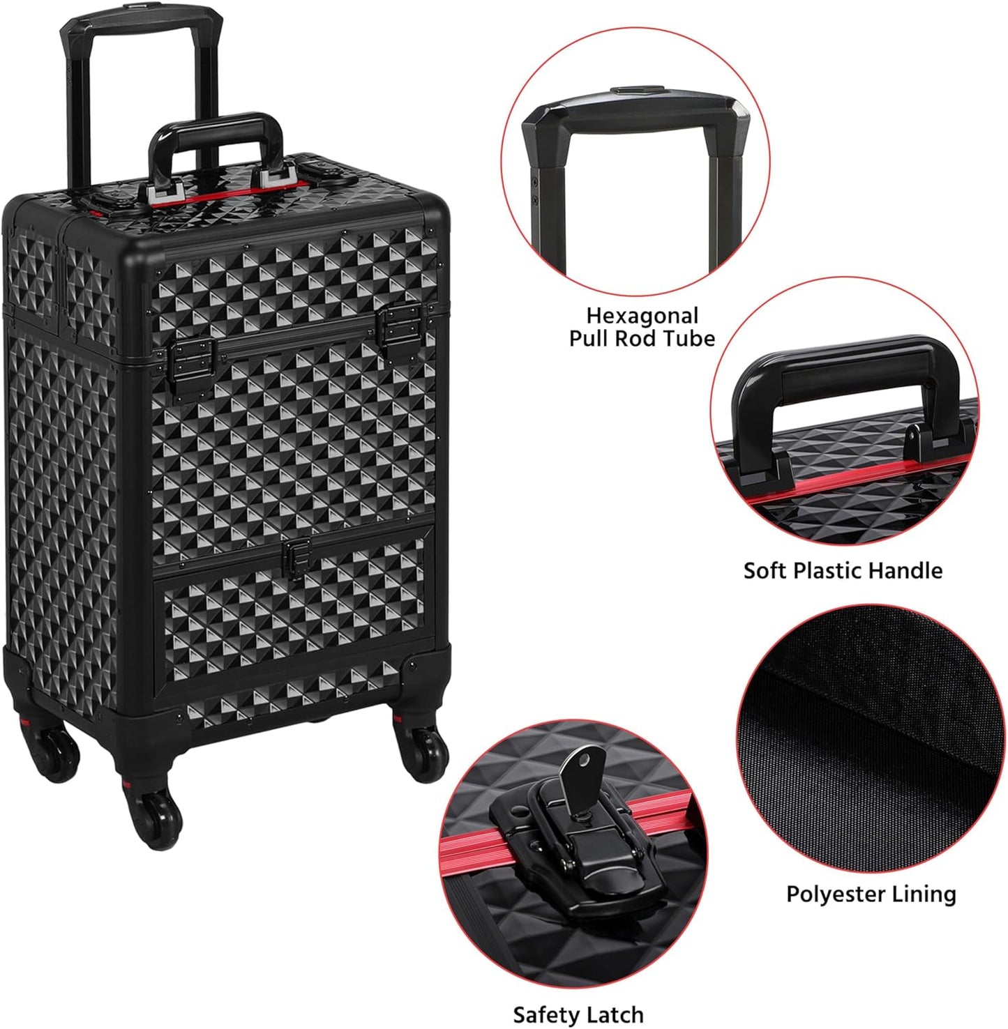 Professional Rolling Makeup Train Case - Aluminum Cosmetic Trolley with Wheels, Lockable Design, Sliding Drawers, and Removable Divider in Black/Red