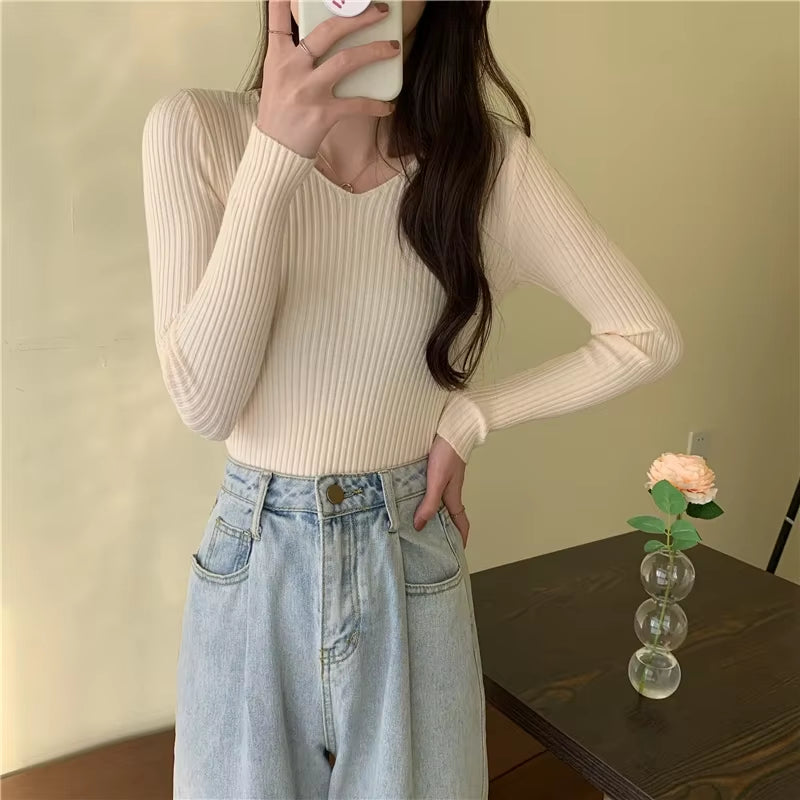 Women's Casual Long Sleeve Knitted Pullover - Autumn/Winter 2025 Solid Jersey Sweater