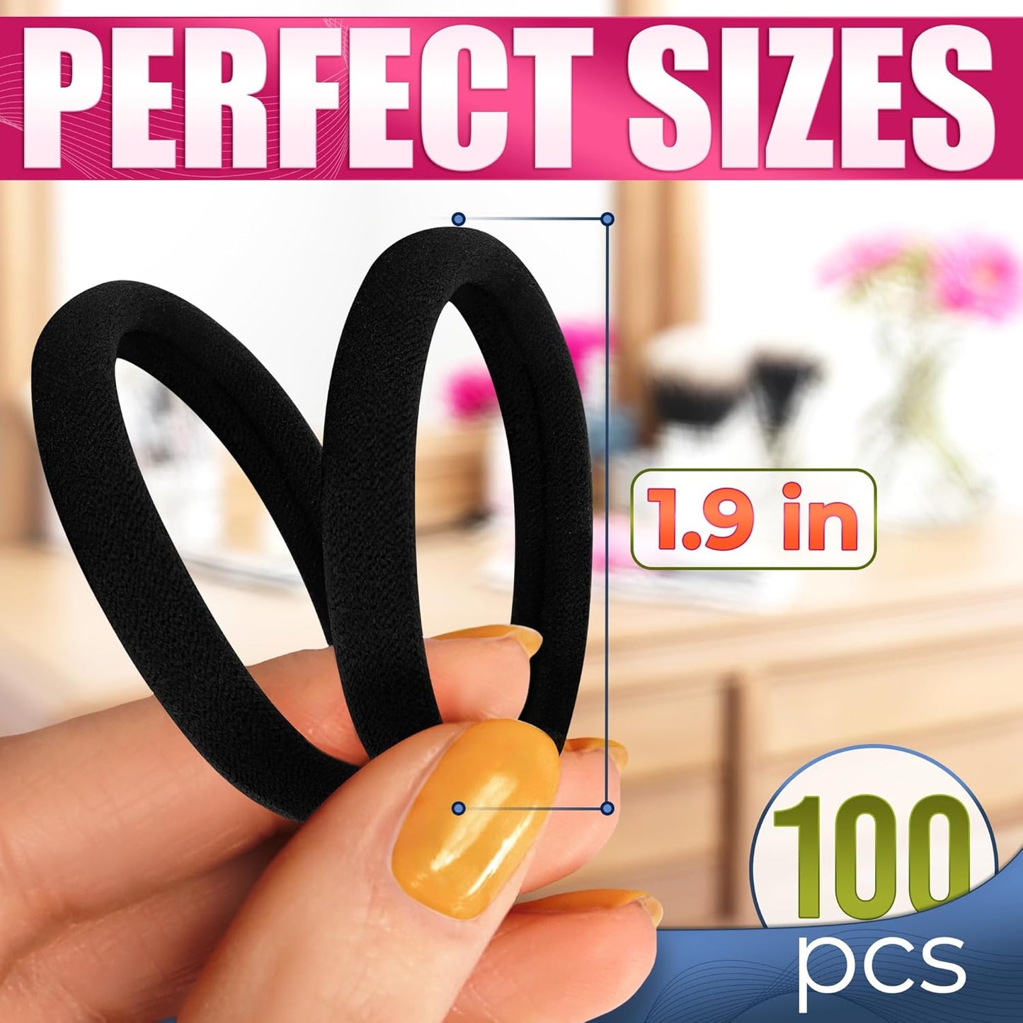 Bulk Pack of 100 Soft Black Seamless Cotton Hair Ties - 1.9" Elastic Ponytail Holders, Gentle and Breathable with No Damage, Exceptional Elasticity and Strength for Reliable Hold