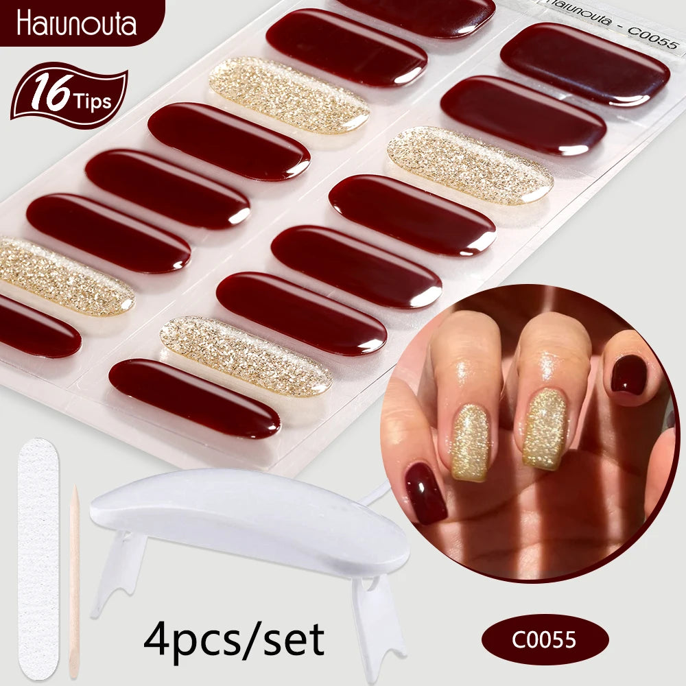4Pcs/Set Semi Cured Gel Nail Strip with Nail Lamp Sparkly Shinning Gel Nail Polish Nail Stickers Kits Manicure Art
