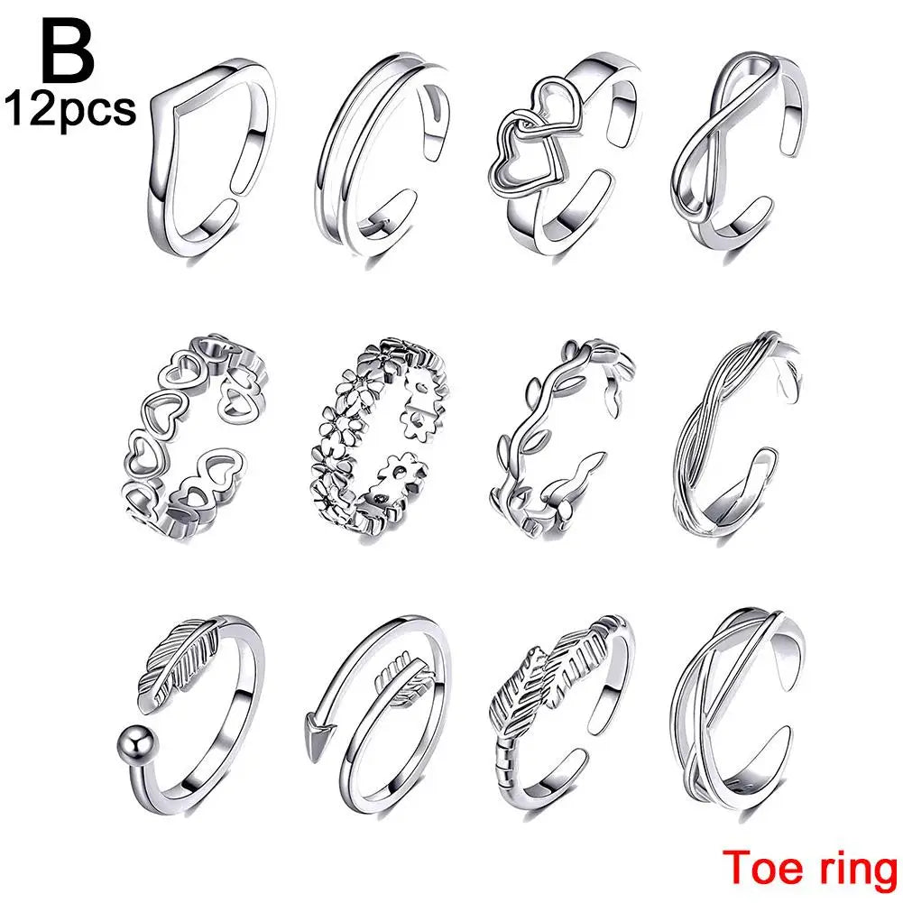 12-Piece Set of Geometric Open Toe Rings for Summer Fashion - Stylish Heart and Feather Designs for Beachwear