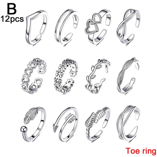 12-Piece Set of Geometric Open Toe Rings for Summer Fashion - Stylish Heart and Feather Designs for Beachwear
