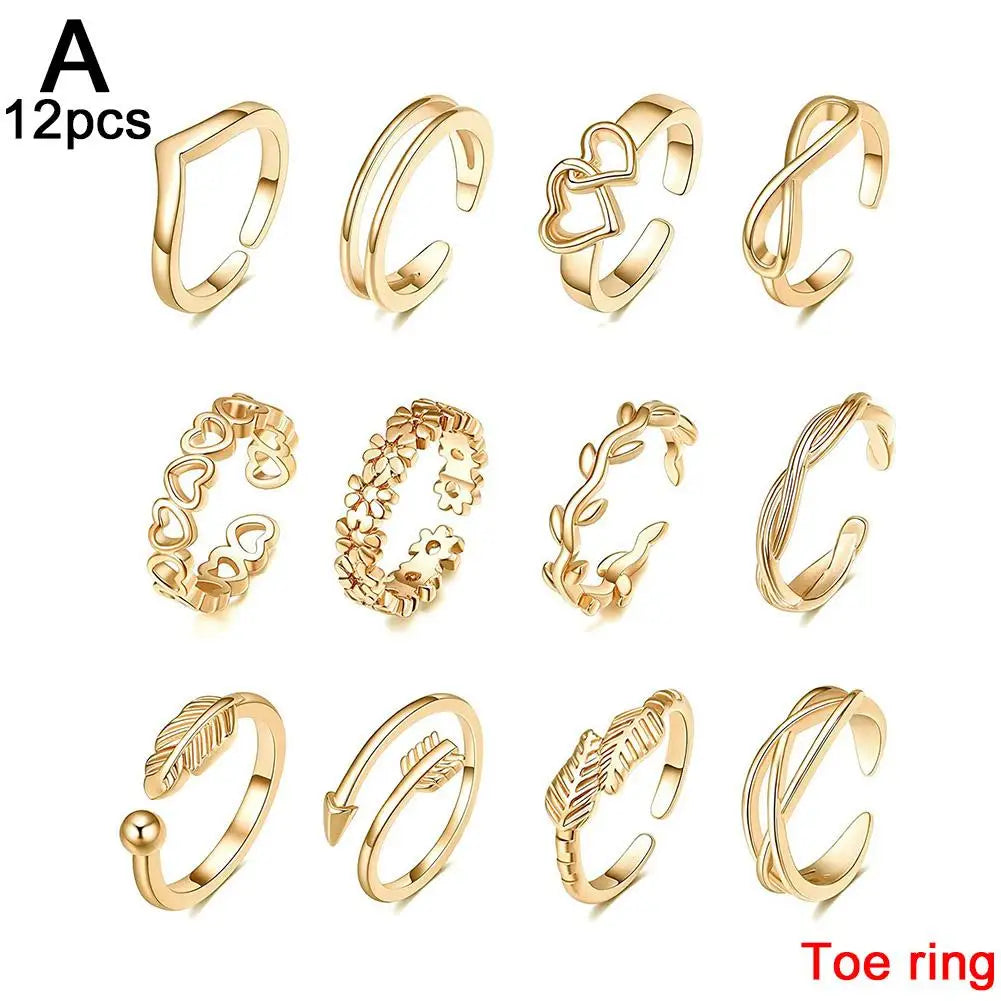 12-Piece Set of Geometric Open Toe Rings for Summer Fashion - Stylish Heart and Feather Designs for Beachwear