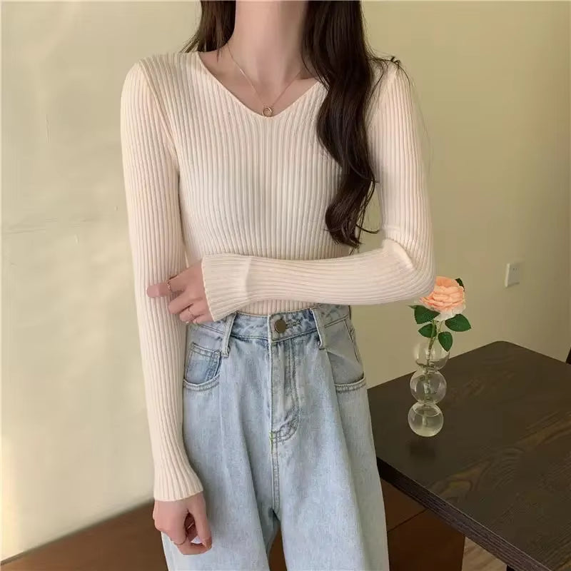 Women's Casual Long Sleeve Knitted Pullover - Autumn/Winter 2025 Solid Jersey Sweater